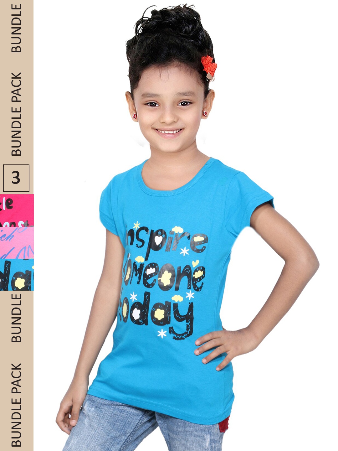 

IndiWeaves Girls Pack of 3 Printed Pure Cotton T-shirts, Blue
