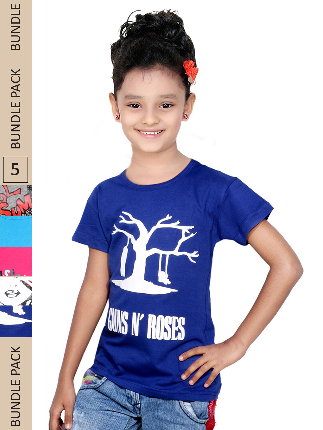 

IndiWeaves Girls Pack Of 5 Typography Printed Pure Cotton T-shirt, Multi