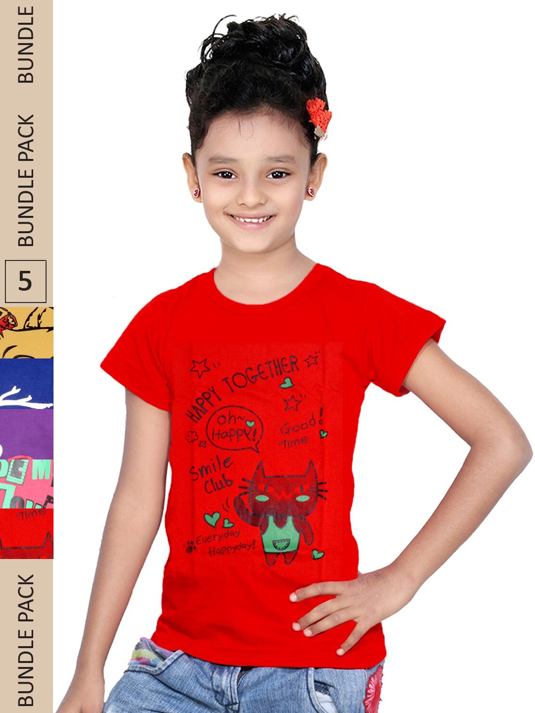 

IndiWeaves Girls Pack Of 5 Typography Printed Pure Cotton T-shirts, Red