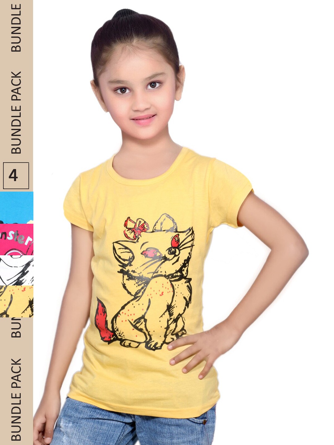 

IndiWeaves Girls Pack of 4 Printed Pure Cotton T-shirts, Yellow