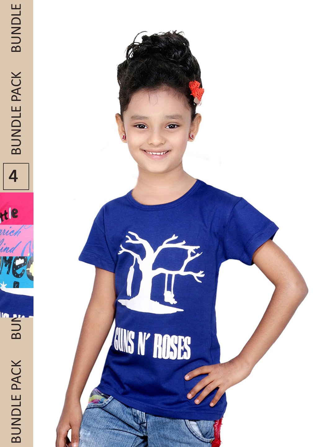 

IndiWeaves Girls Pack of 4 Printed Pure Cotton T-shirts, Blue