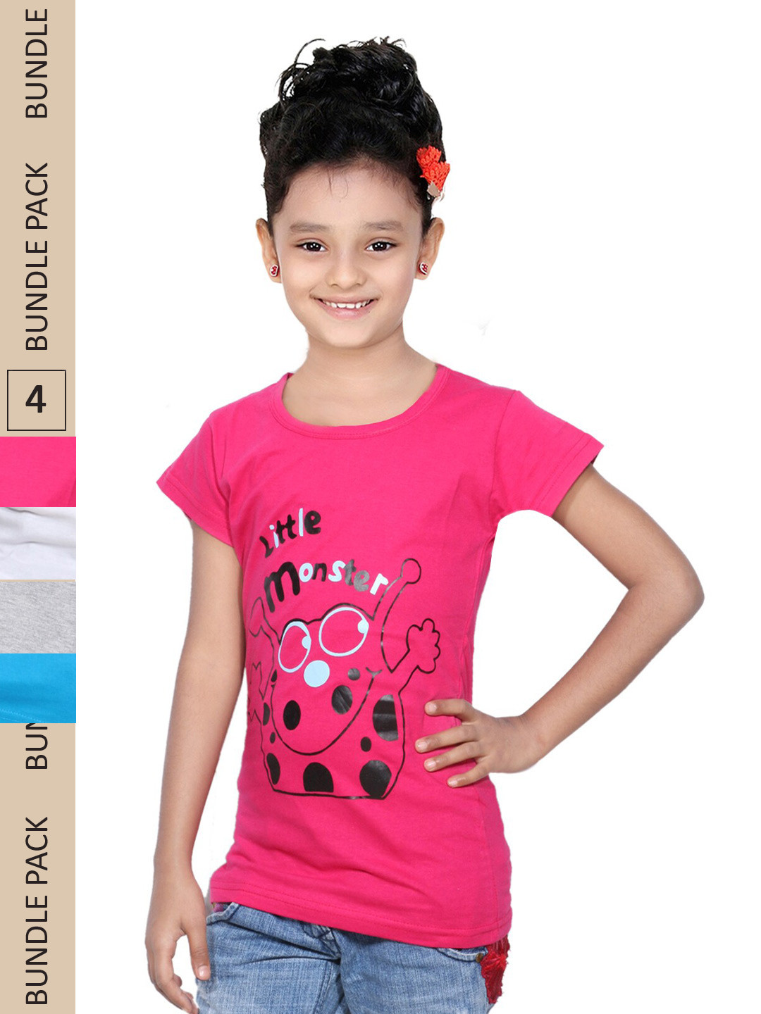 

IndiWeaves Girls Pack Of 4 Typography Printed Pure Cotton T-shirt, Pink