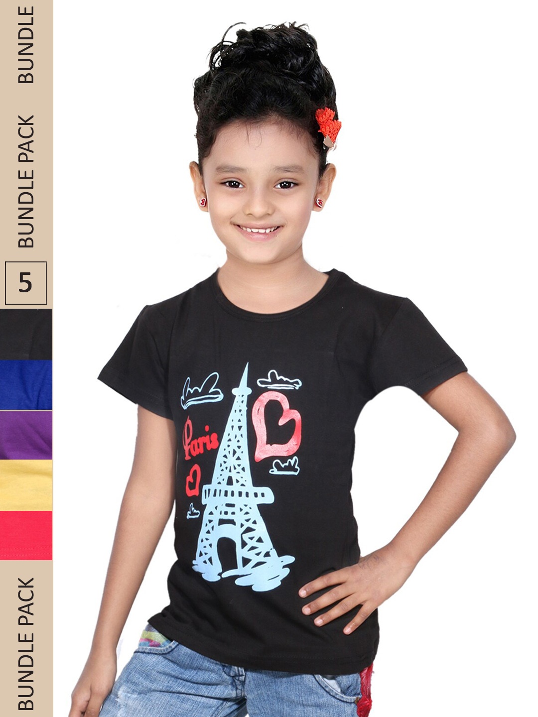 

IndiWeaves Girls Multicoloured 5 Printed Applique T-shirt, Multi