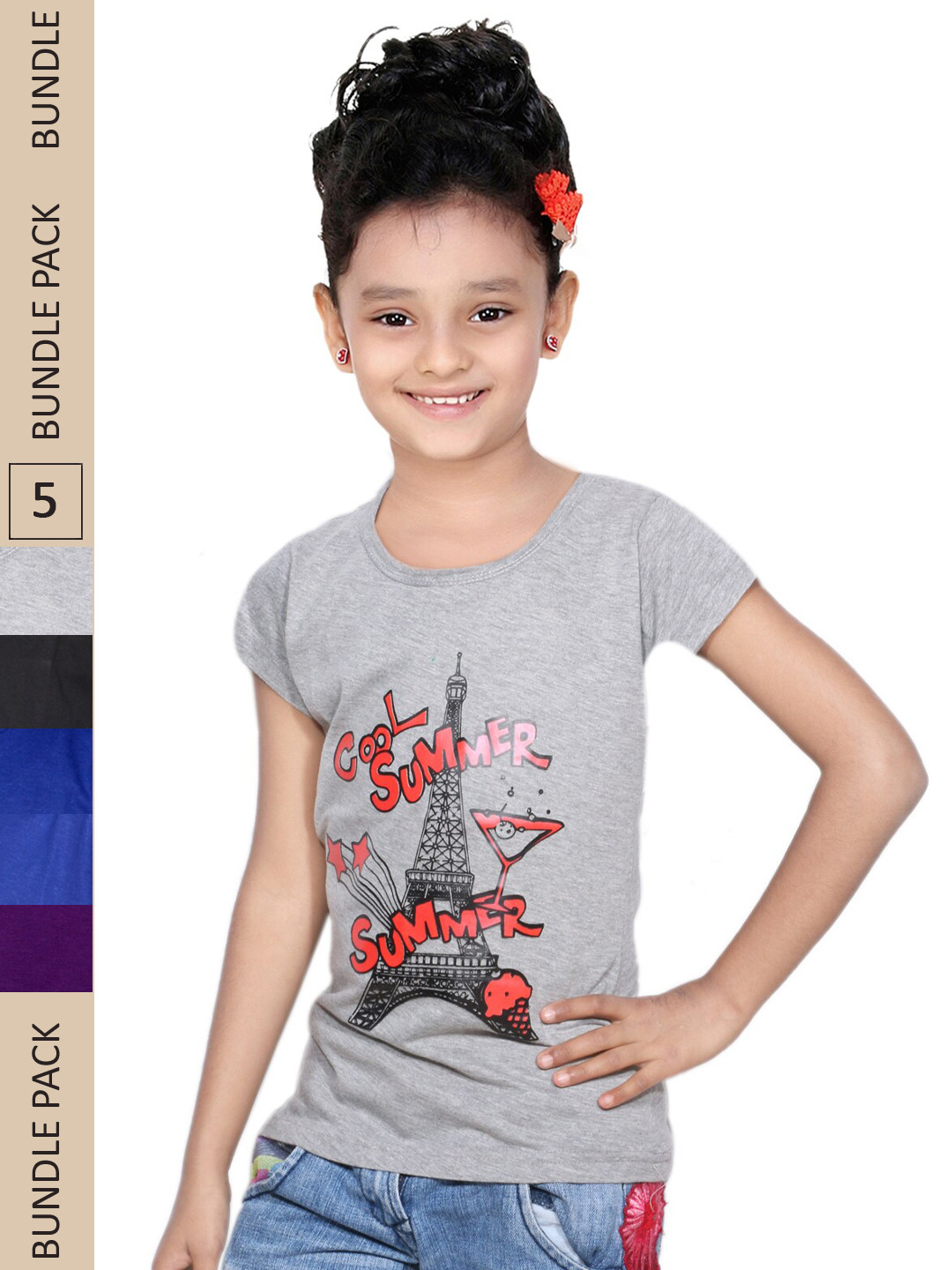 

IndiWeaves Girls Pack of 5 Printed Pure Cotton T-shirts, Grey
