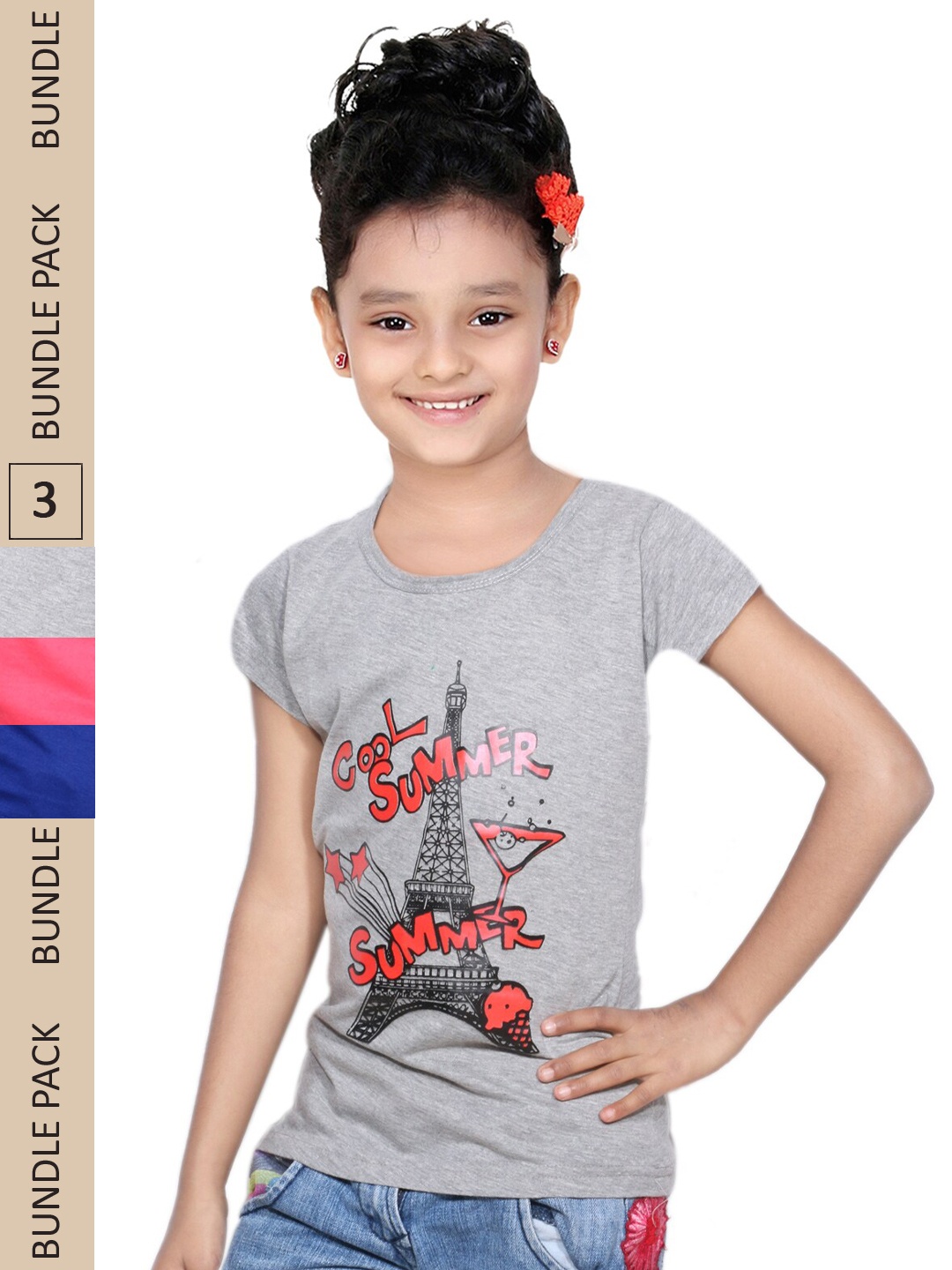 

IndiWeaves Girls Pack Of 3 Typography Printed Pure Cotton T-shirts, Grey