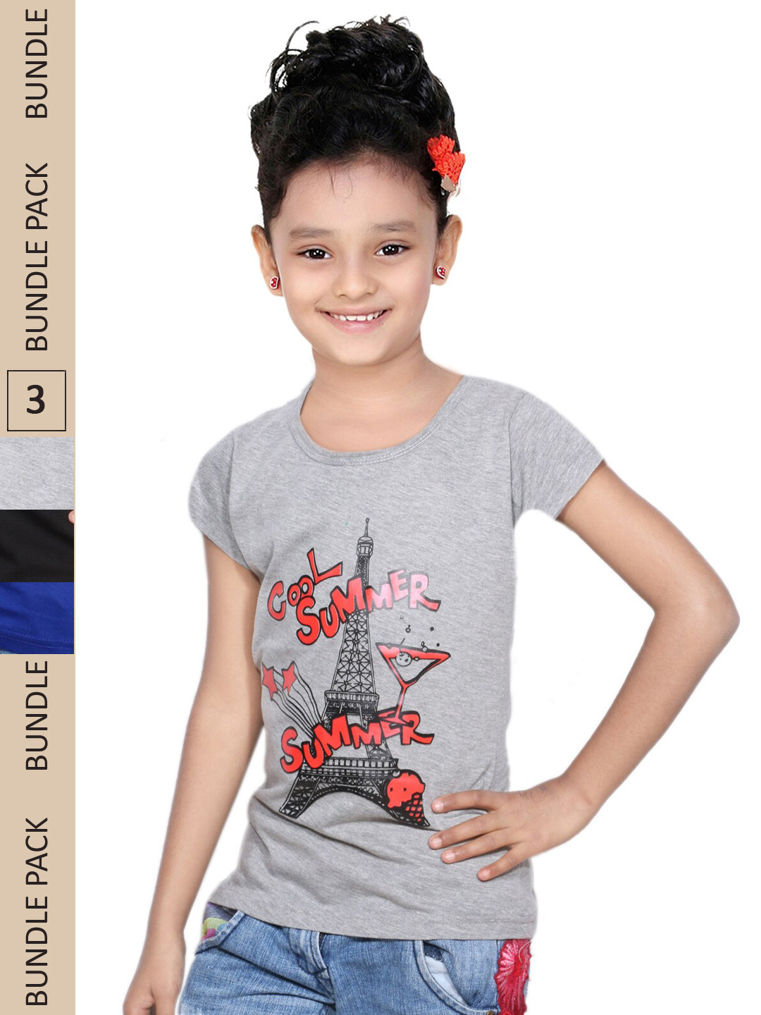 

IndiWeaves Girls Pack of 3 Printed Pure Cotton T-shirts, Grey