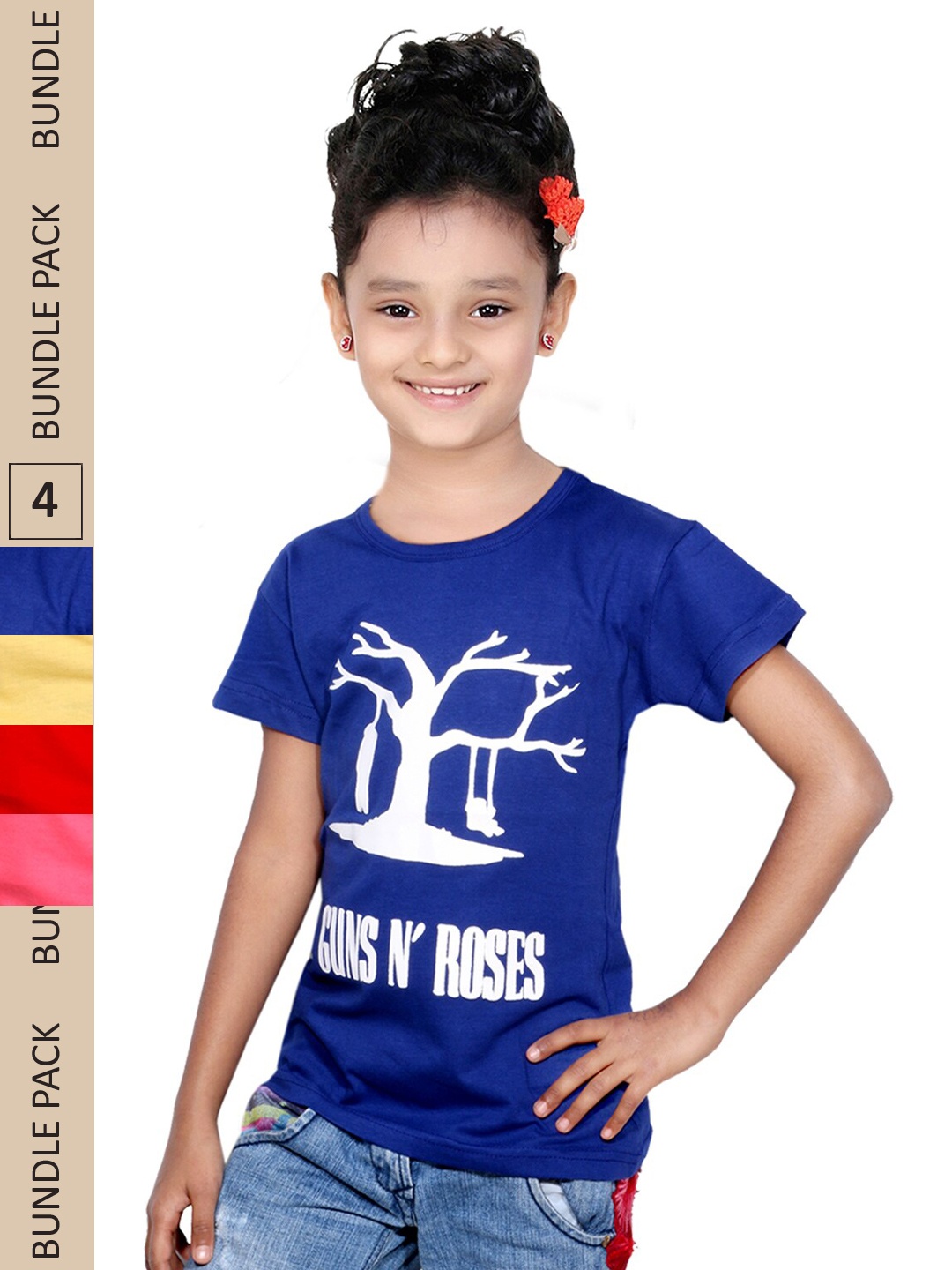 

IndiWeaves Girls Pack Of 4 Typography Printed Pure Cotton T-shirts, Blue