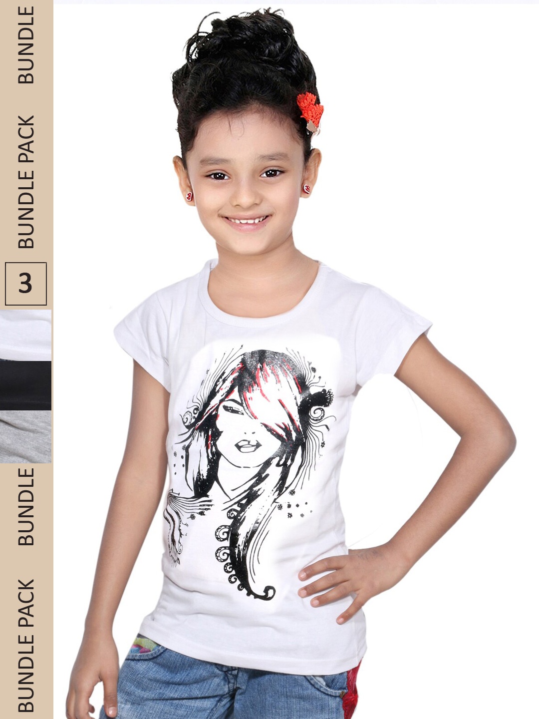 

IndiWeaves Girls Pack of 3 Printed Pure Cotton T-shirts, White