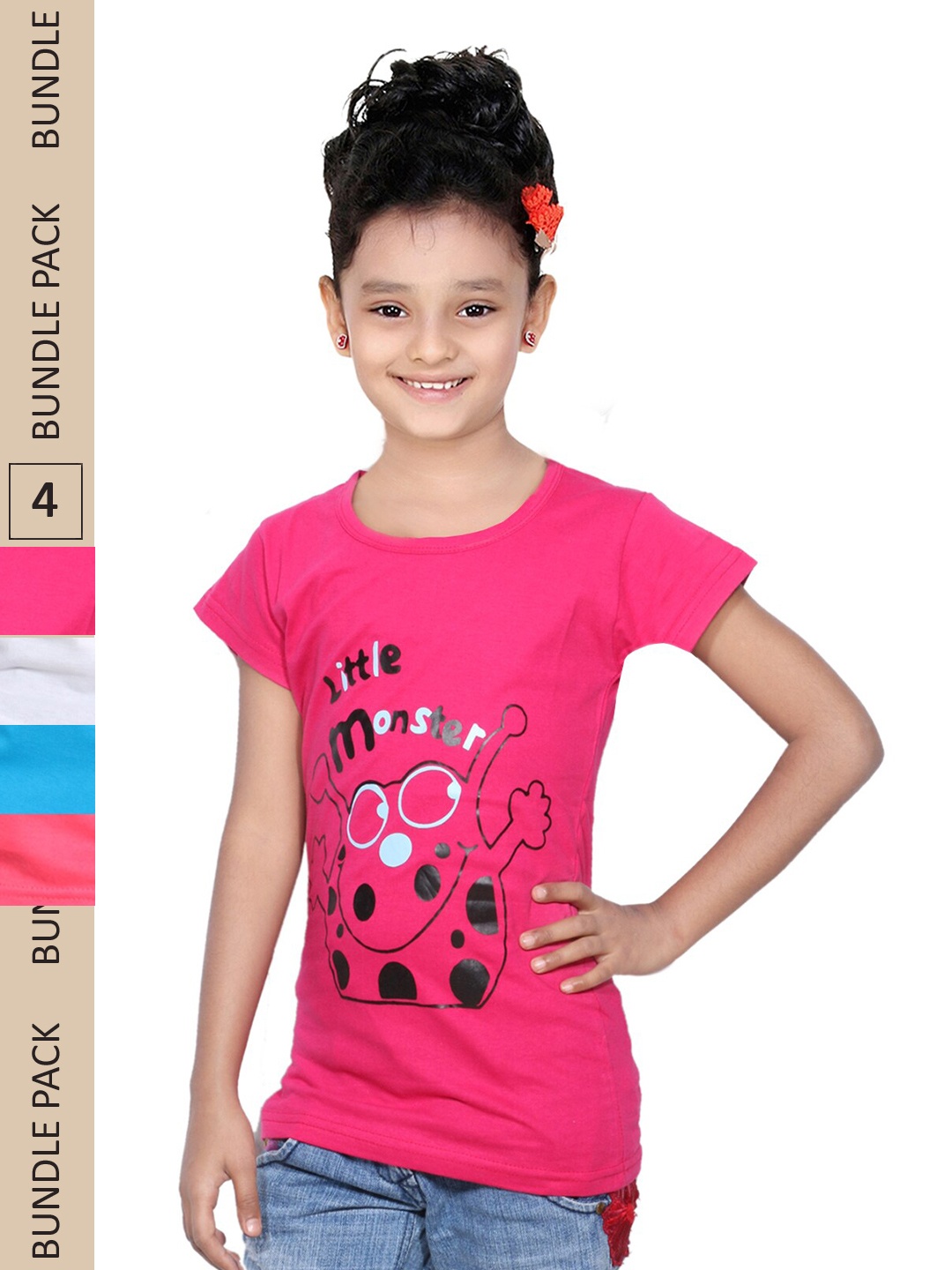 

IndiWeaves Girls Pack Of 4 Printed Pure Cotton T-shirt, Pink