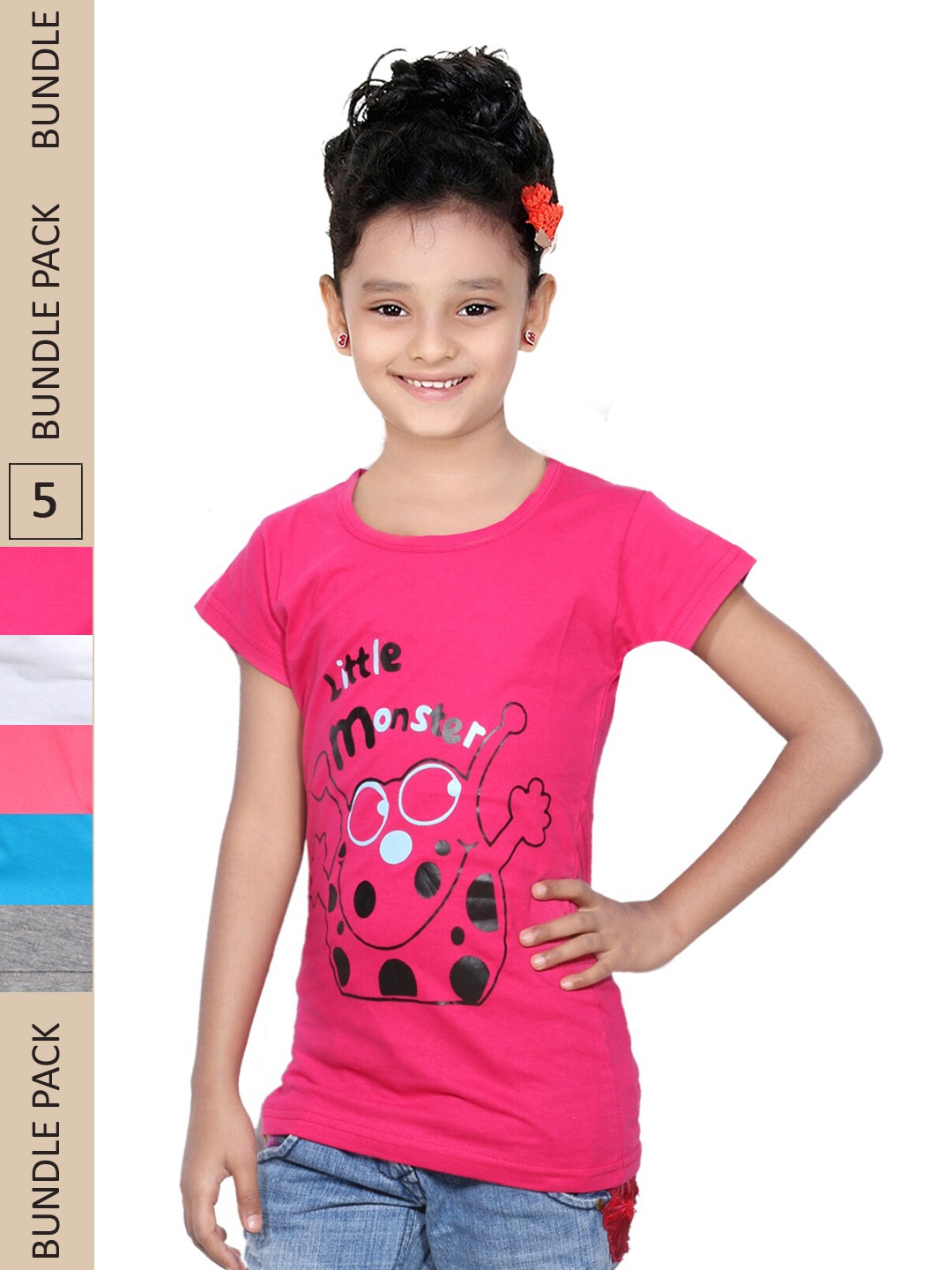

IndiWeaves Girls Pack of 5 Printed Pure Cotton T-shirts, Pink