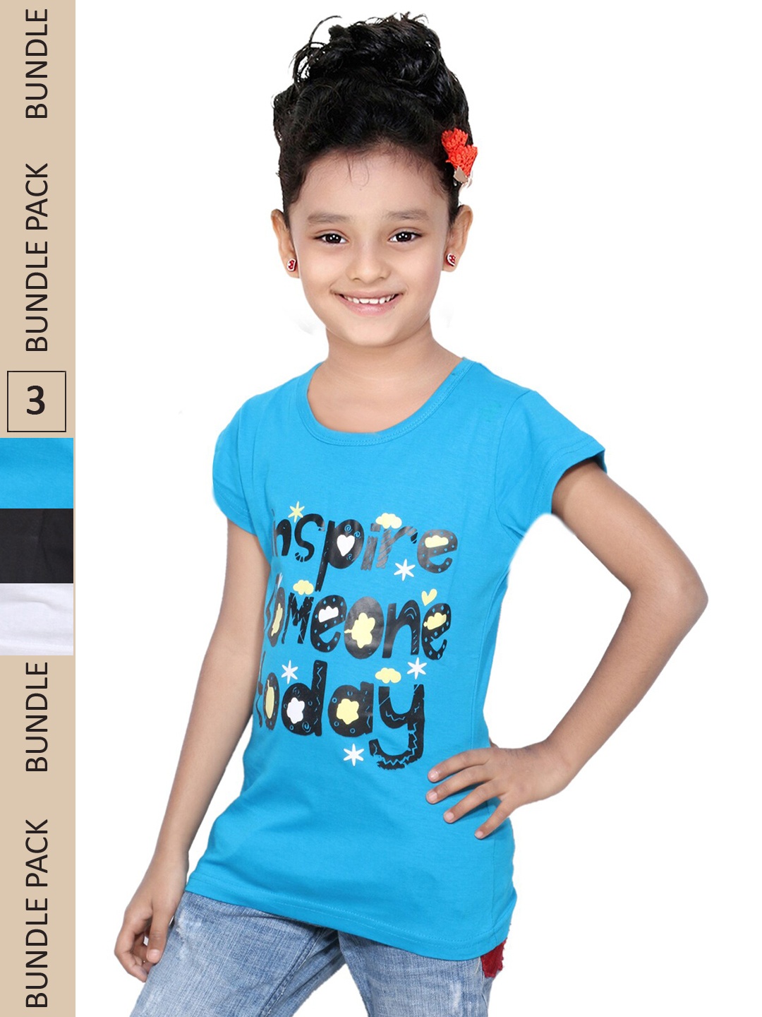 

IndiWeaves Girls Pack Of 3 Printed Pure Cotton T-shirt, Blue