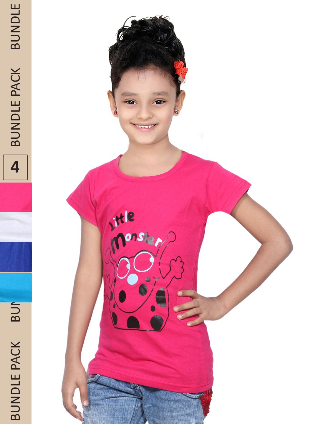 

IndiWeaves Girls Pack of 4 Printed Pure Cotton T-shirts, Fuchsia