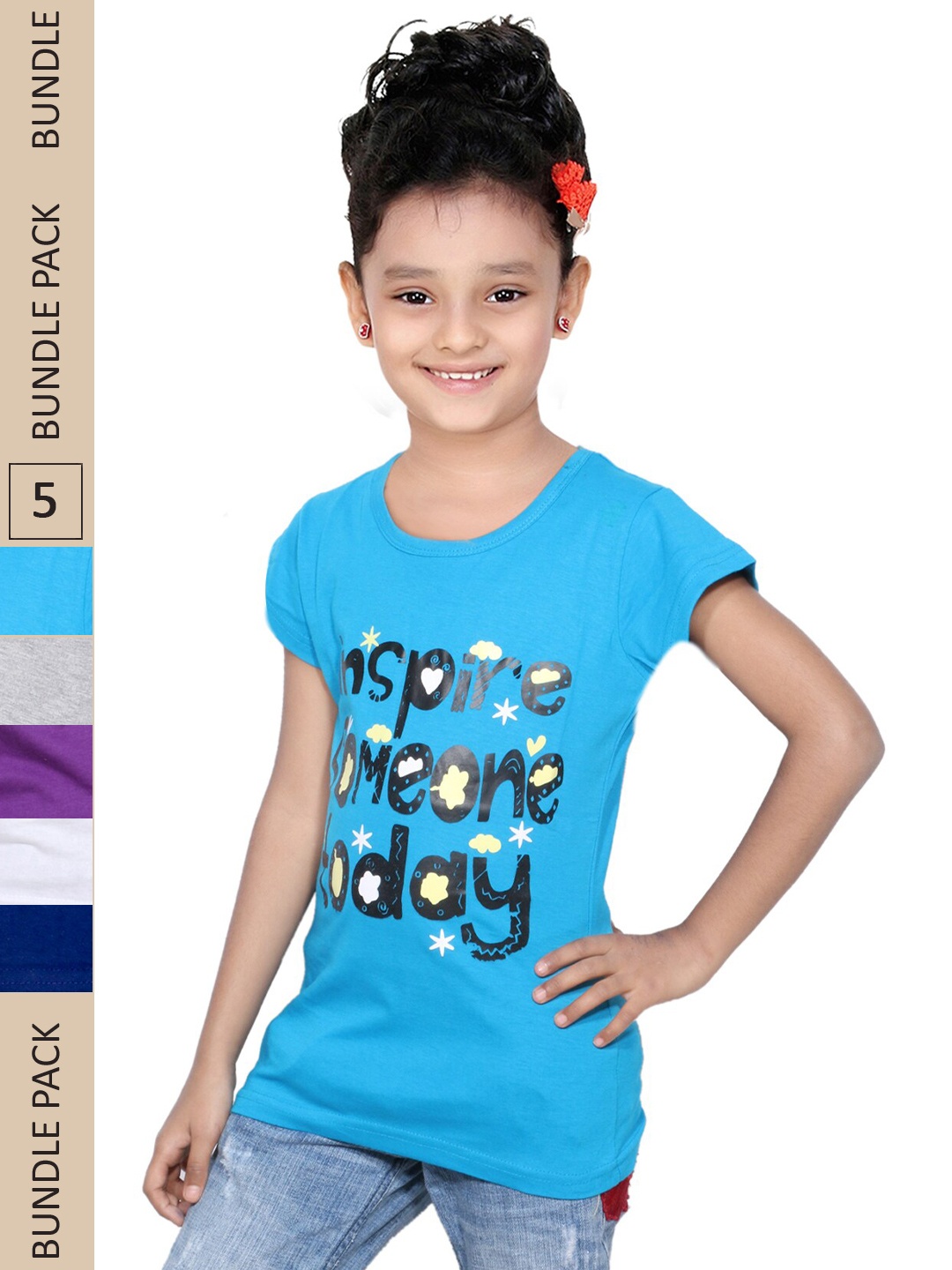 

IndiWeaves Girls Pack Of 5 Typography Printed Pure Cotton T-Shirt, Blue