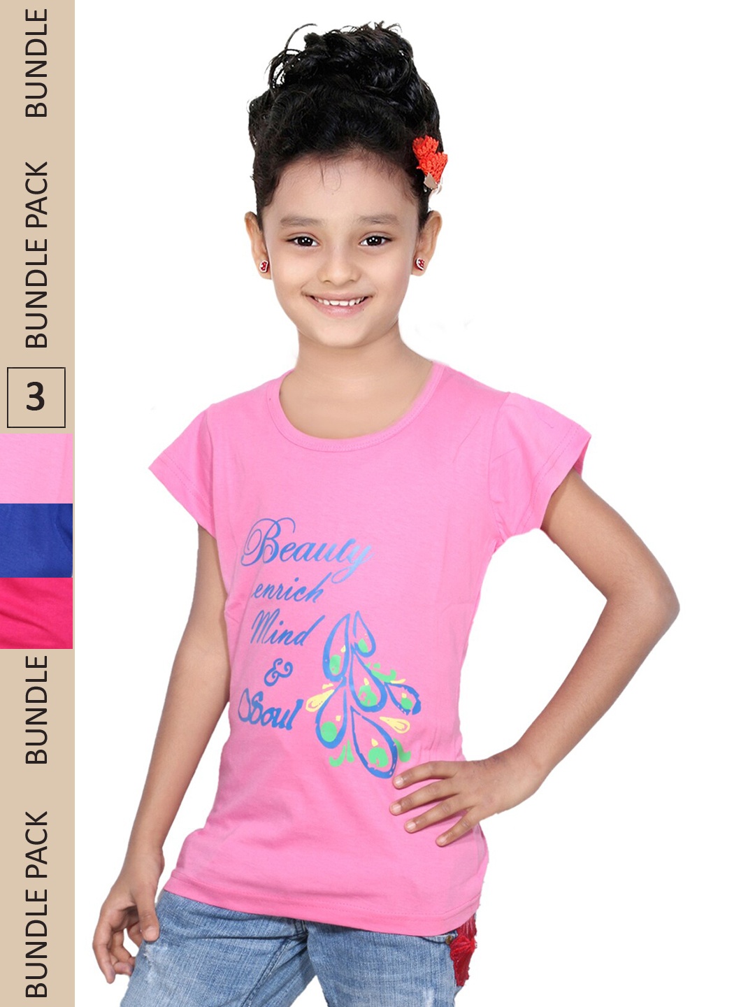 

IndiWeaves Girls Pack Of 3 Typography Printed Pure Cotton T-shirt, Pink
