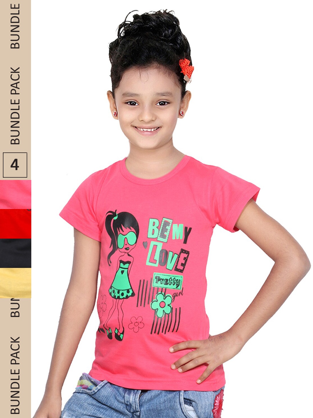

IndiWeaves Girls Pack Of 4 Printed Pure Cotton T-shirt, Pink