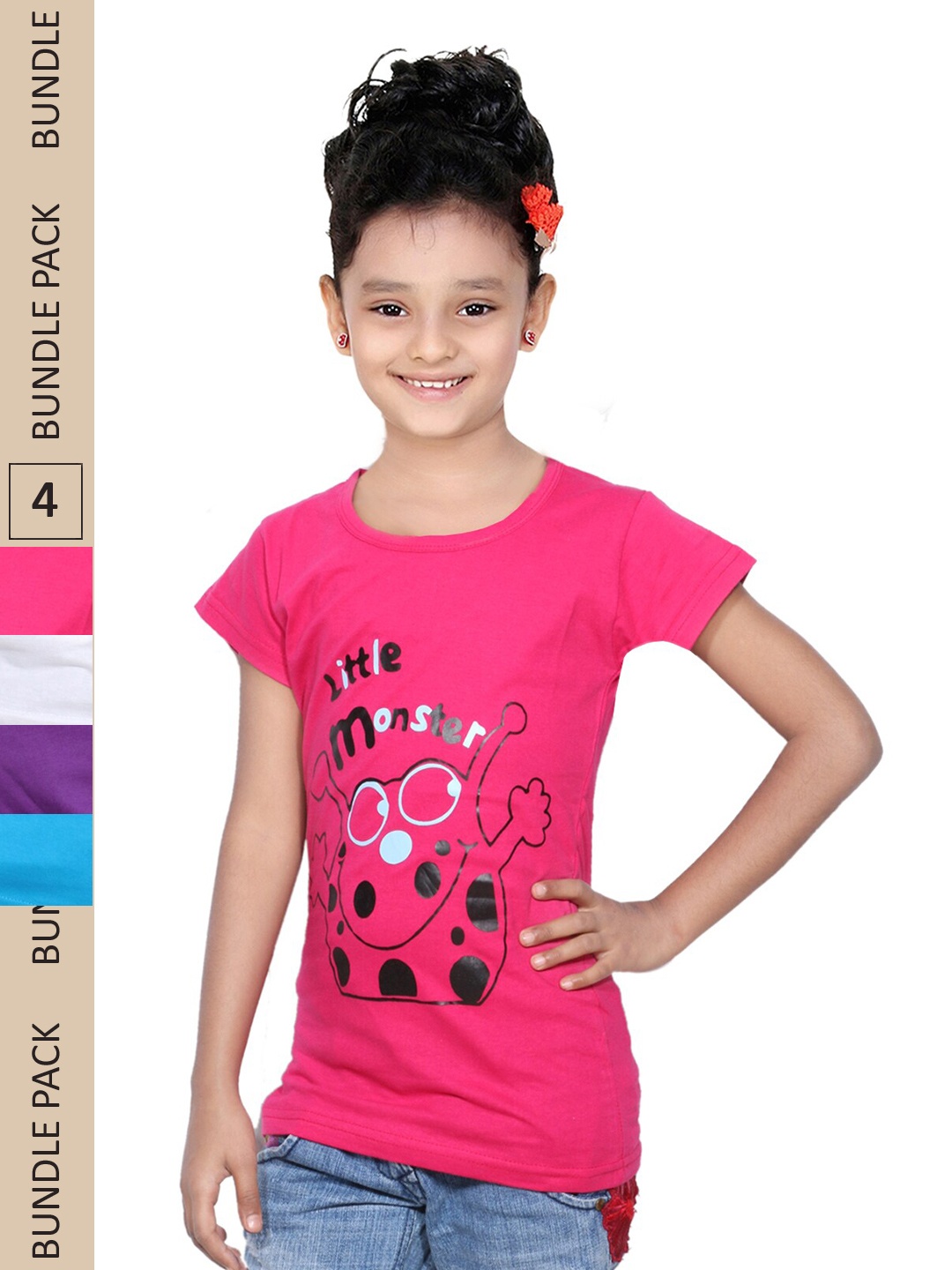 

IndiWeaves Girls Pack Of 4 Typography Printed Pure Cotton T-shirt, Pink