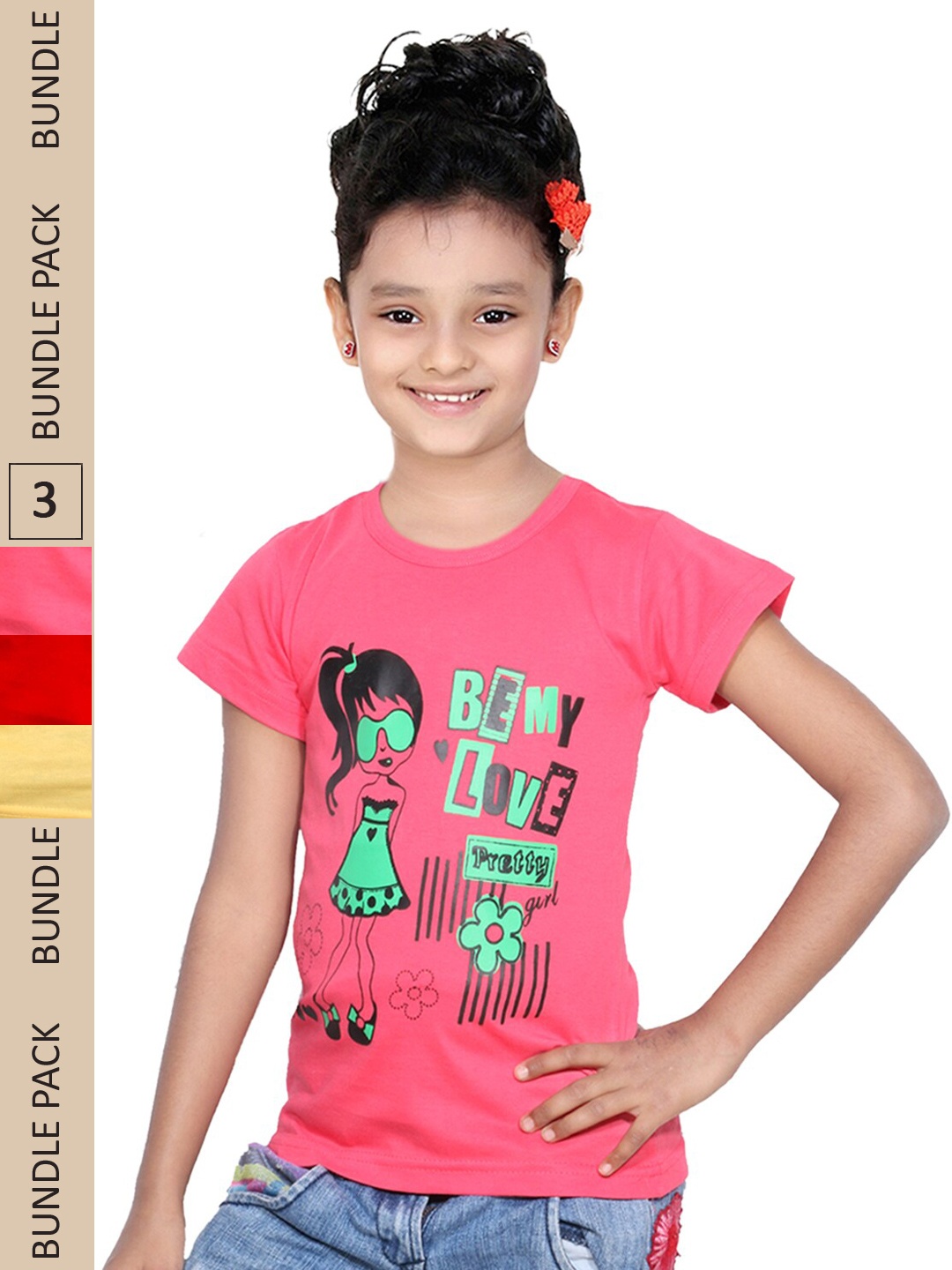 

IndiWeaves Girls Multicoloured 3 Printed Mandarin Collar Raw Edge T-shirt, Multi