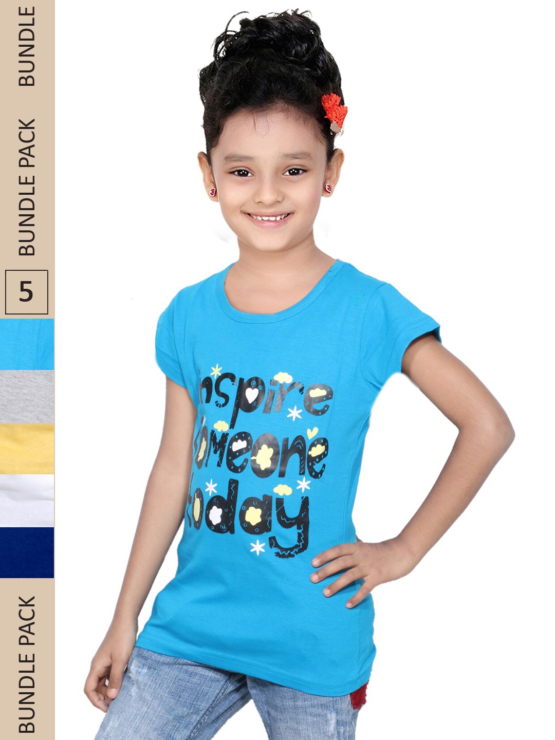 

IndiWeaves Girls Pack of 3 Printed Pure Cotton T-shirts, Blue