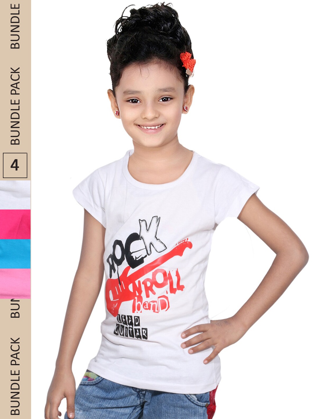 

IndiWeaves Girls Pack Of 4 Typography Printed Pure Cotton T-shirt, White