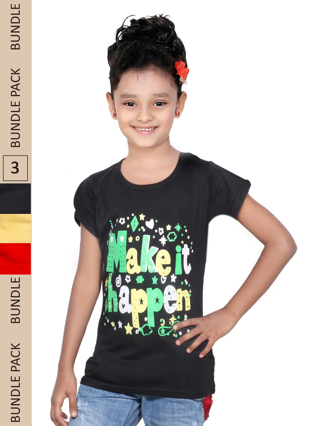 

IndiWeaves Girls Pack of 3 Printed Pure Cotton T-shirts, Black
