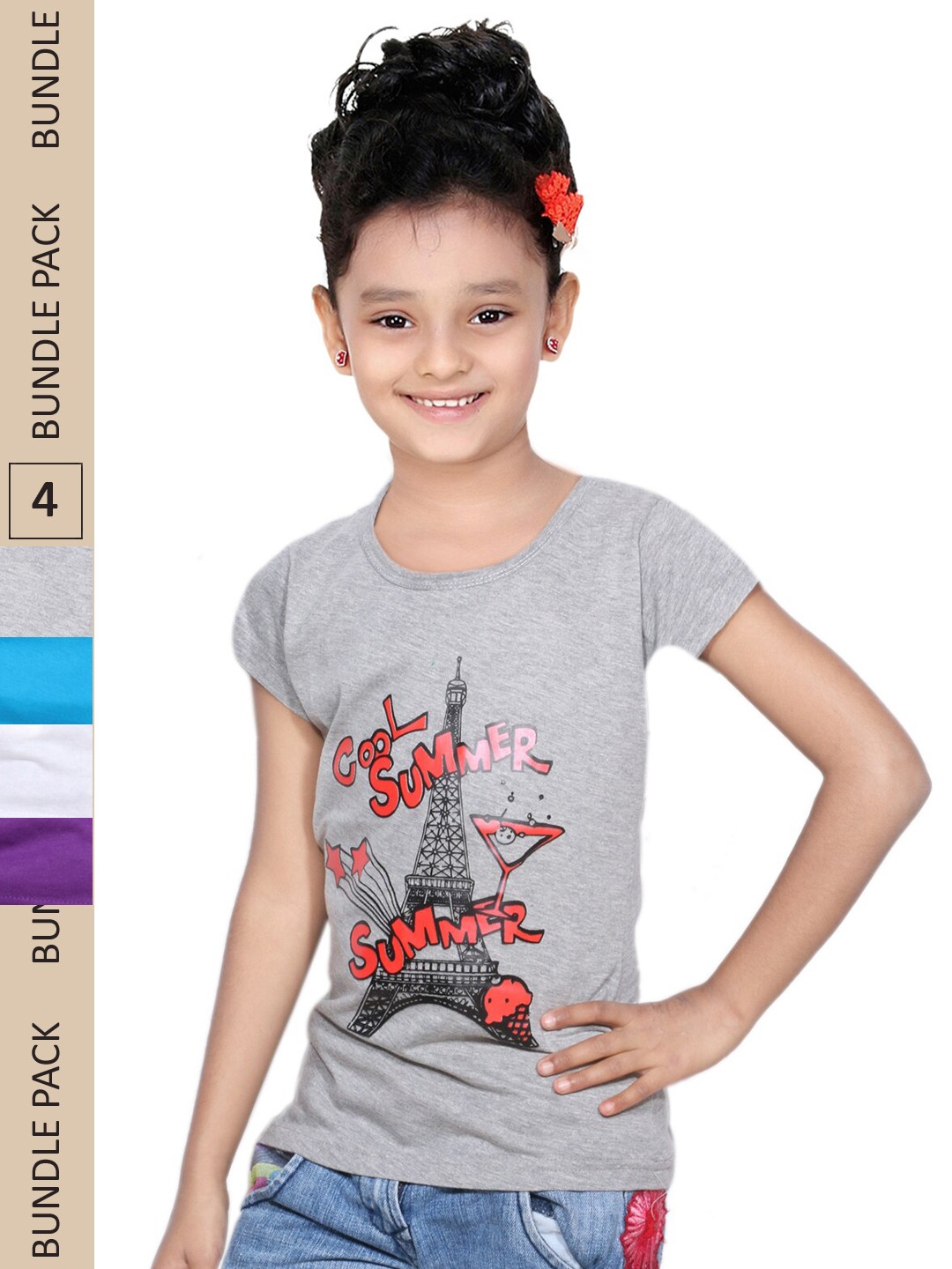 

IndiWeaves Girls Pack Of 4 Typography Printed Casual Pure Cotton T-shirts, Grey