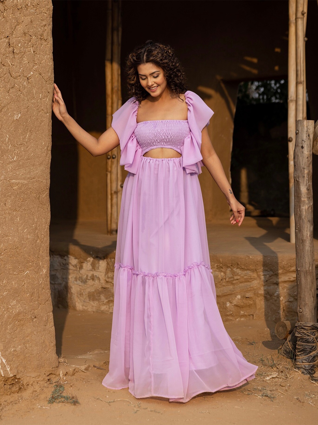 

OneWe Smocked Cut-Out Georgette Fit & Flare Maxi Dress, Lavender