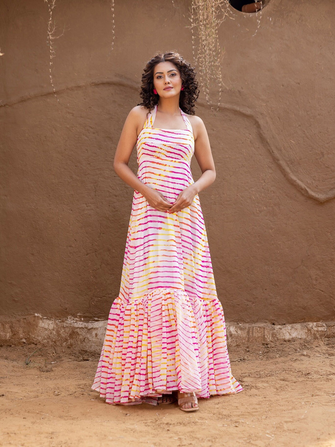 

OneWe Striped Halter Neck Georgette A-Line Maxi Dress, White