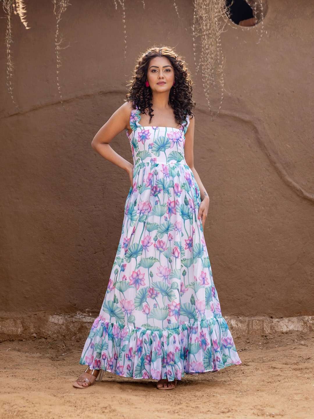 

OneWe Floral Printed Shoulder Strap Fit & Flare Maxi Dress, White