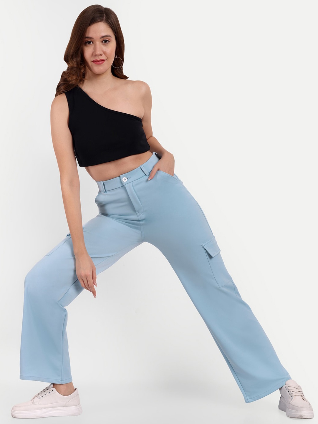 

Next One Women Smart Straight Fit High-Rise Easy Wash Cargo Trousers, Blue