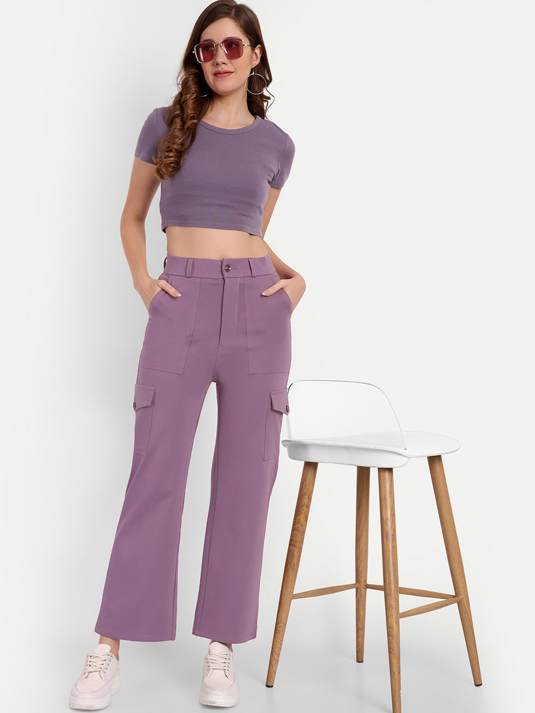 

Next One Women Smart Straight Fit High-Rise Easy Wash Cargo Trousers, Violet