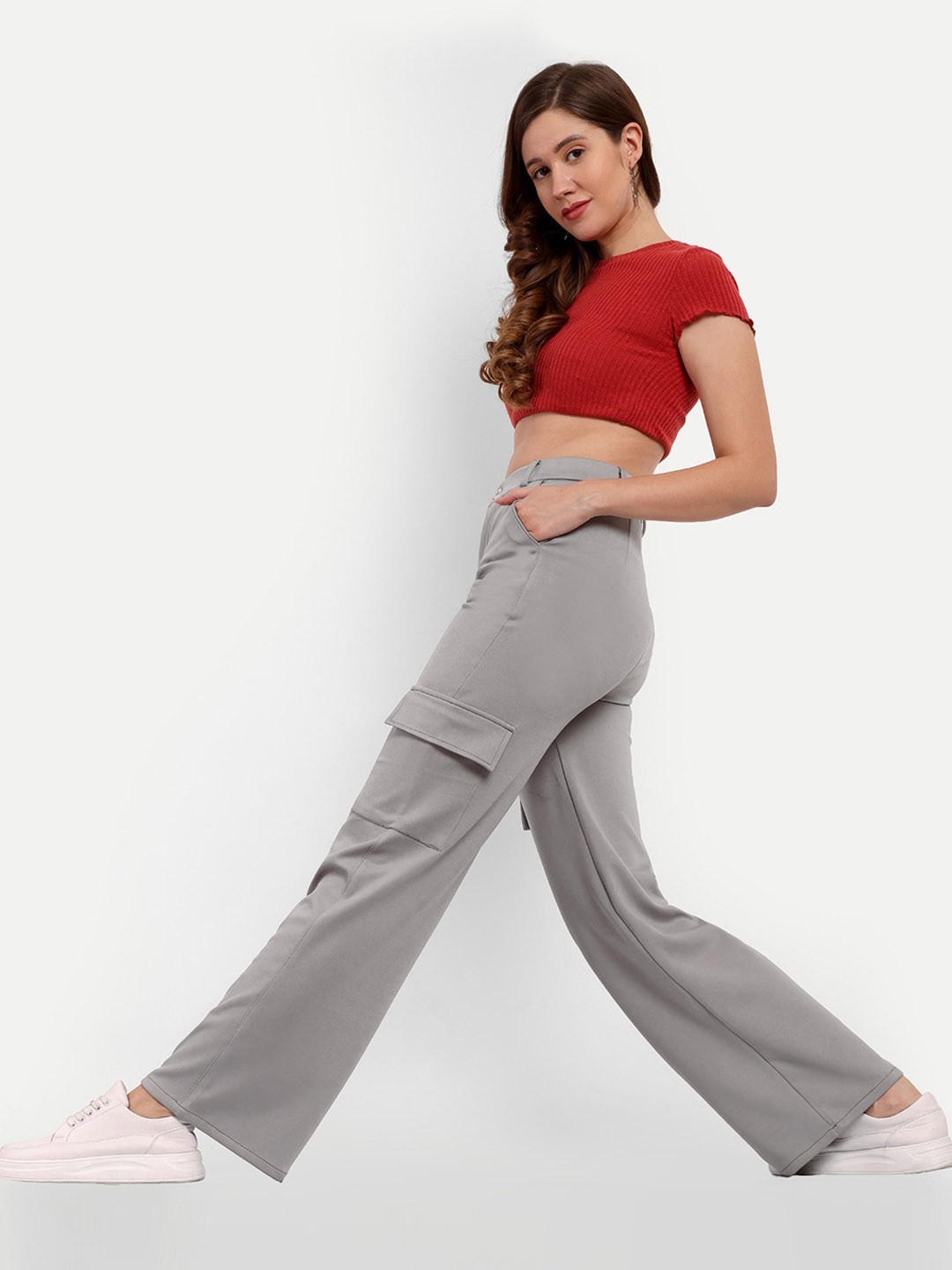 

Next One Women Smart Straight Fit High-Rise Easy Wash Cargo Trousers, Grey