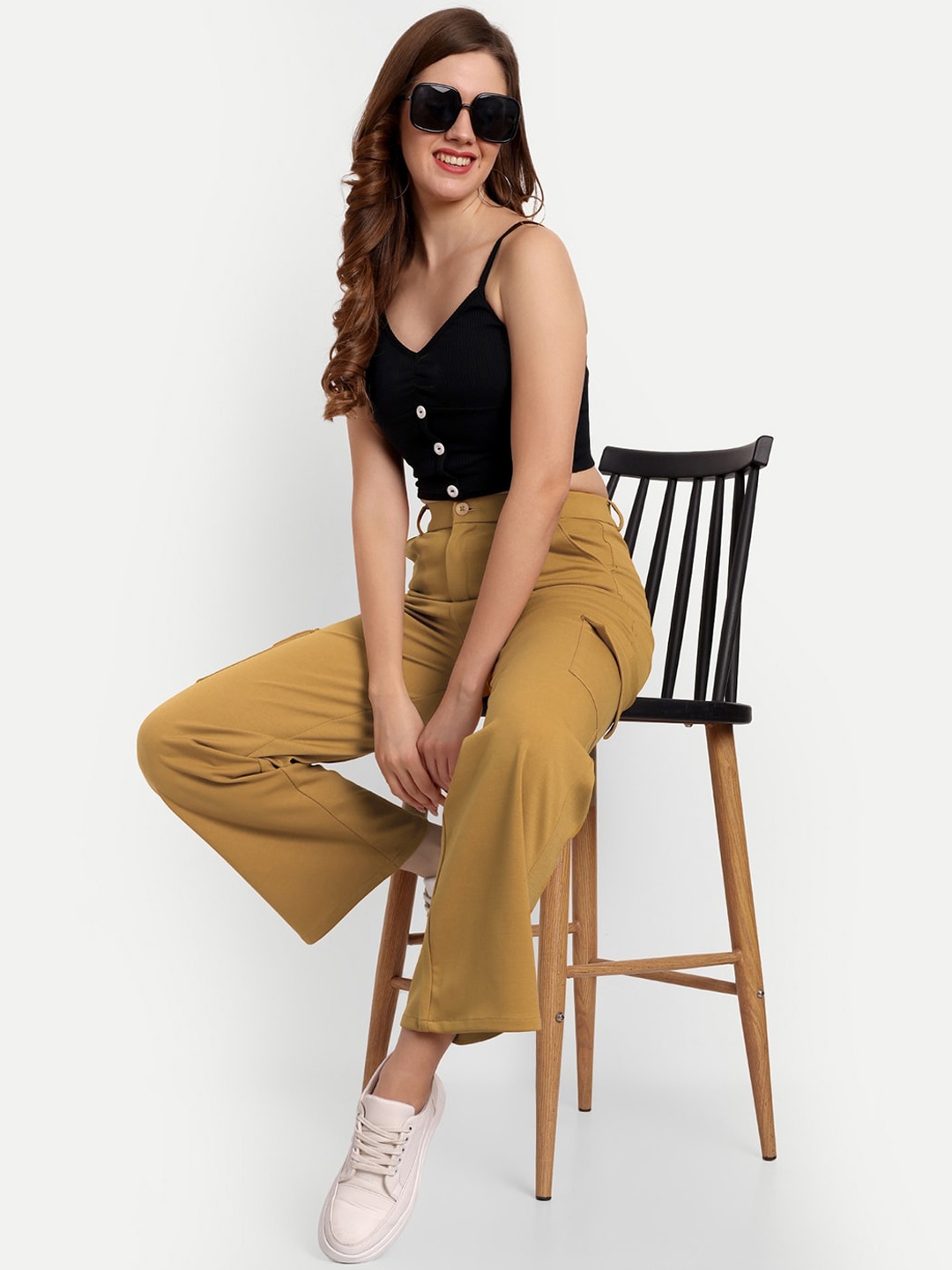 

Next One Women Smart Straight Fit High-Rise Easy Wash Cargo Trousers, Mustard