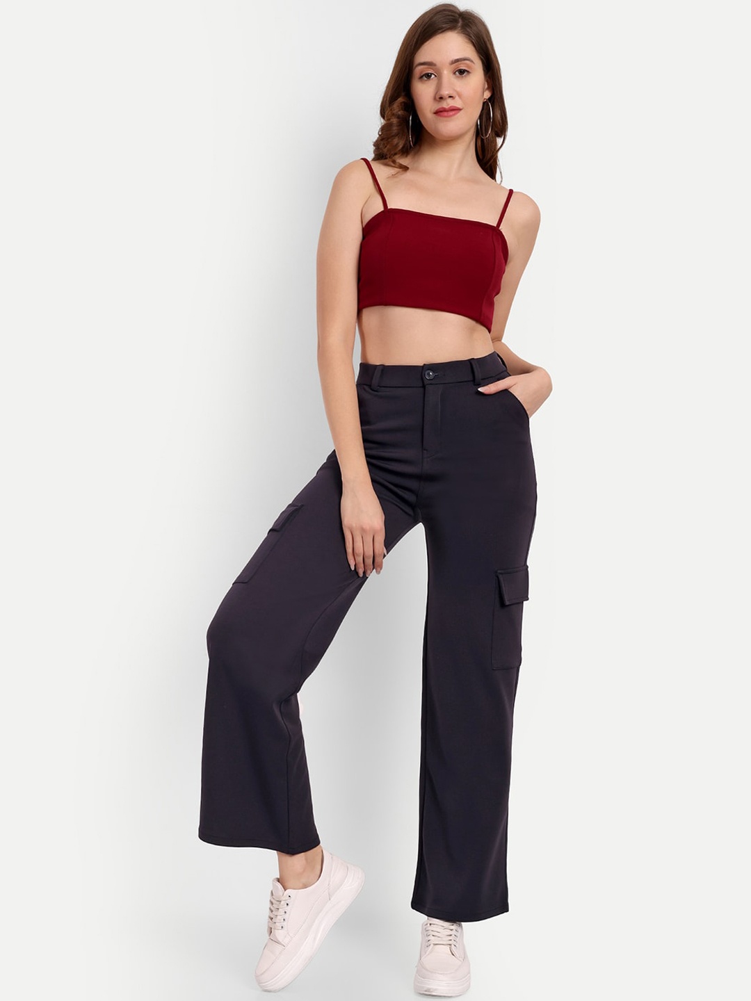 

Next One Women Smart Straight Fit High-Rise Easy Wash Cargo Trousers, Navy blue
