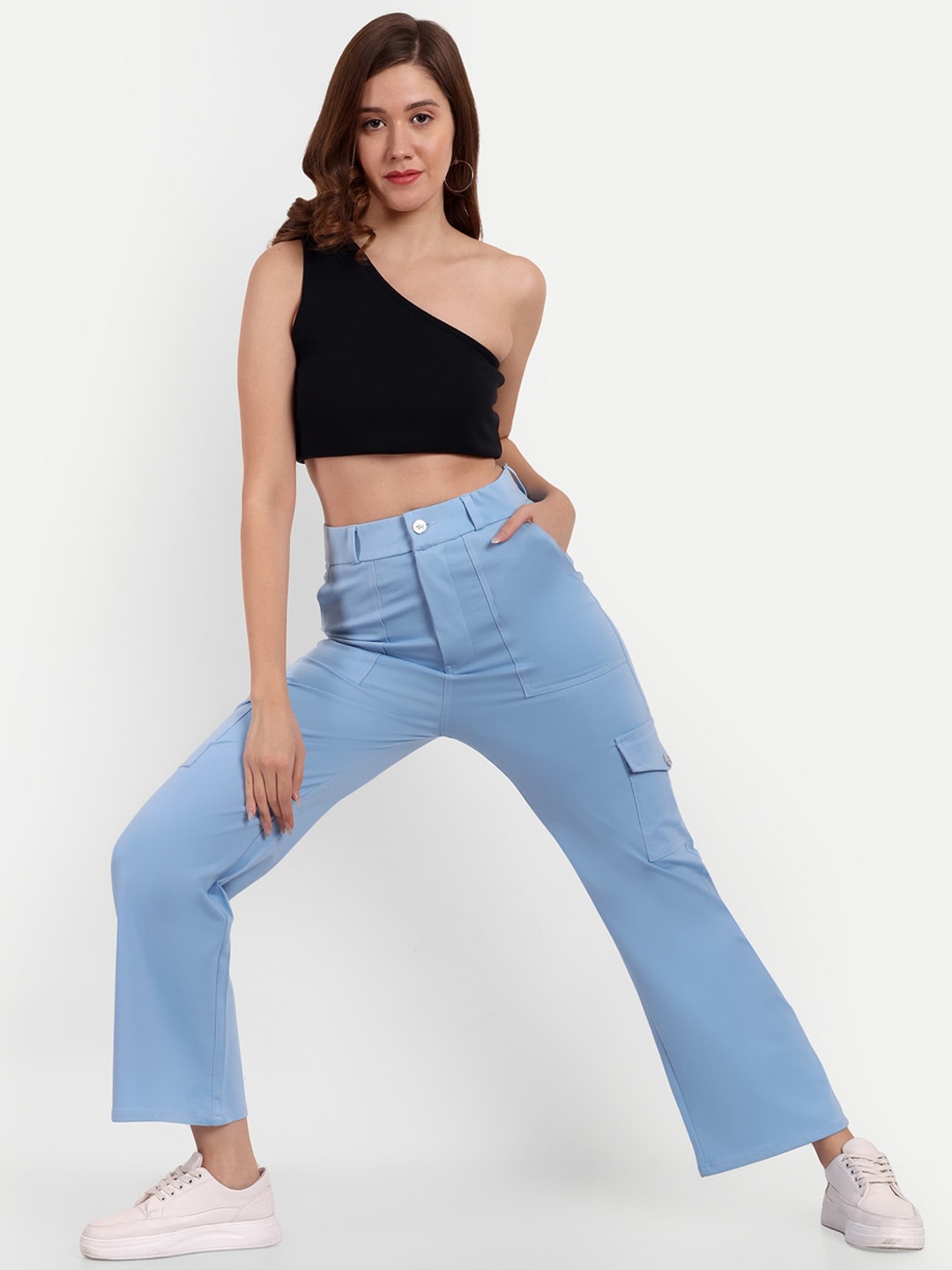 

Next One Women Smart Straight Fit High-Rise Easy Wash Cargo Trousers, Blue
