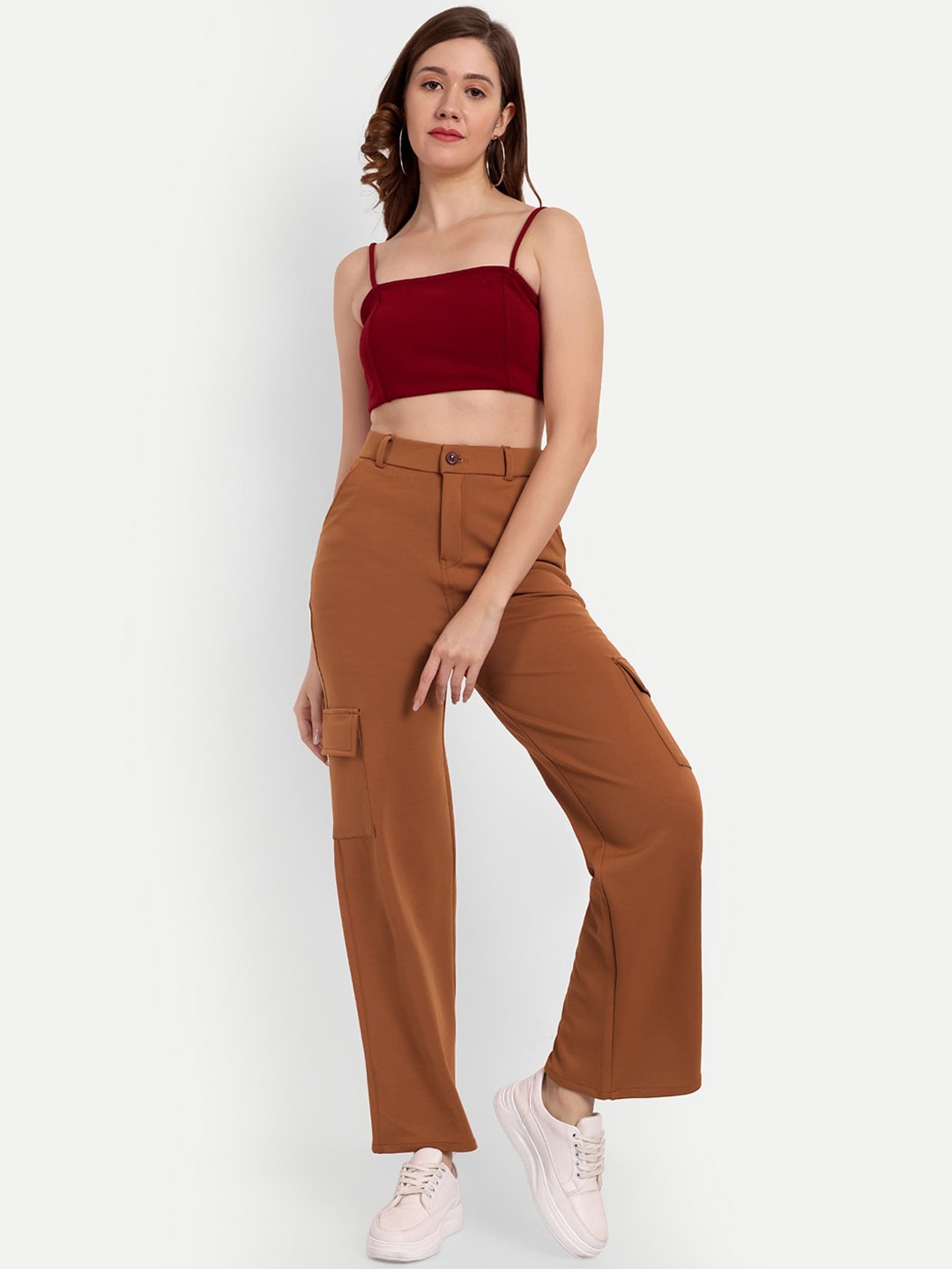 

Next One Women Smart Straight Fit High-Rise Easy Wash Cargo Trousers, Tan