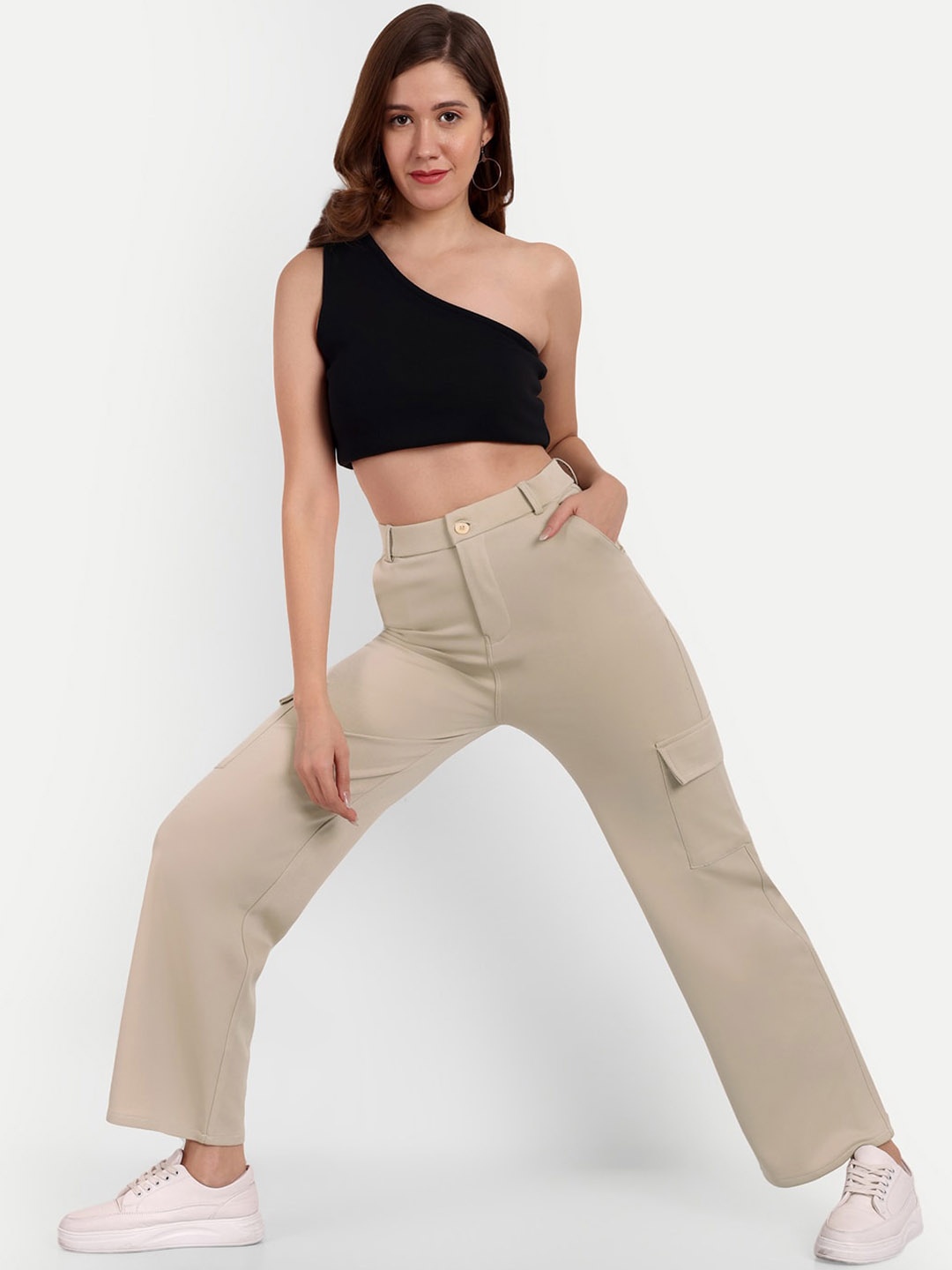 

Next One Women Smart Straight Fit High-Rise Easy Wash Cargo Trousers, Beige