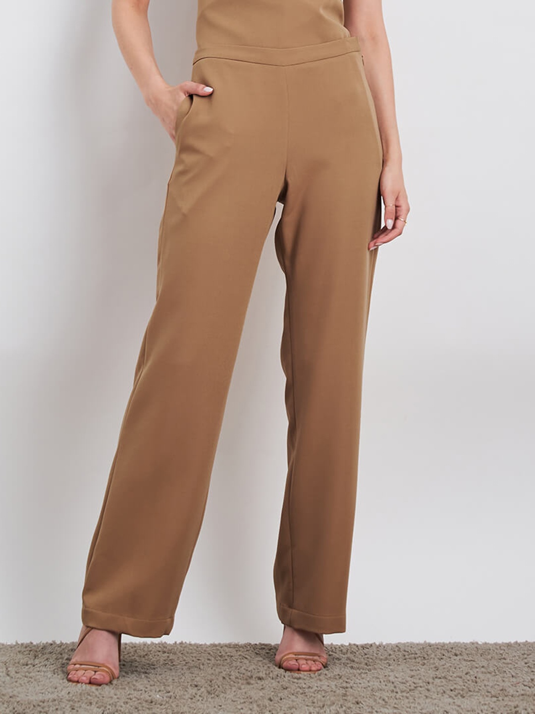 

SALT ATTIRE Women Wrinkle Free Parallel Trousers, Brown