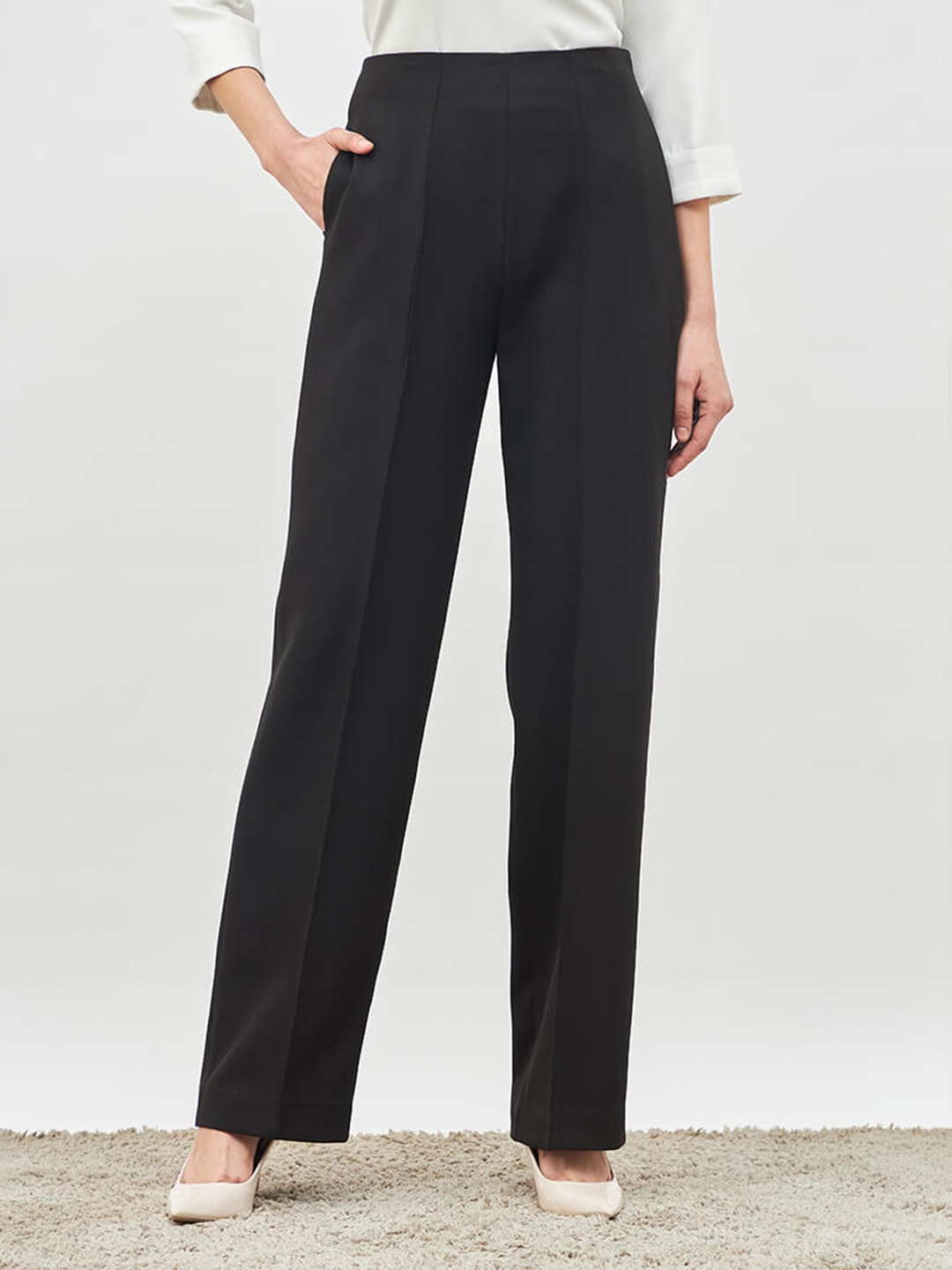 

SALT ATTIRE Women Straight Fit High-Rise Wrinkle Free Parallel Trousers, Black