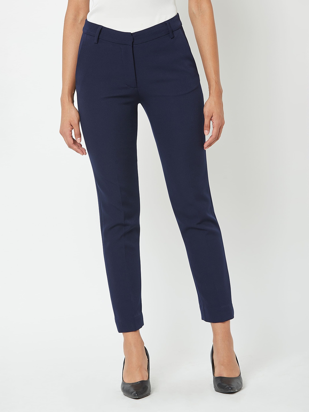 

SALT ATTIRE Women Mid-Rise Slim Fit Wrinkle Free Trousers, Navy blue