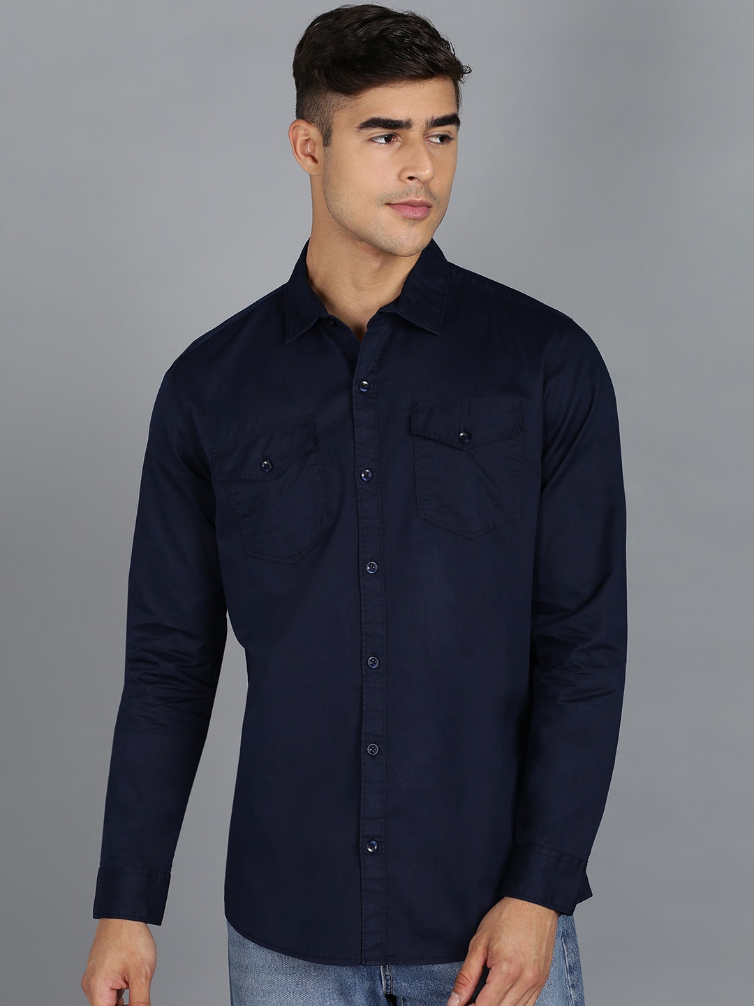 

Urbano Fashion Spread Collar Slim Fit Opaque Casual Pure Cotton Shirt, Navy blue