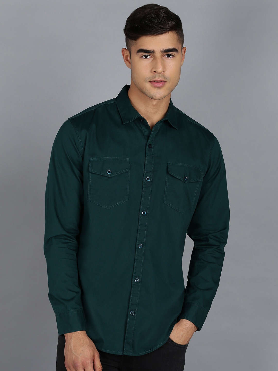 

Urbano Fashion Slim Fit Spread Collar Casual Pure Cotton Shirt, Green