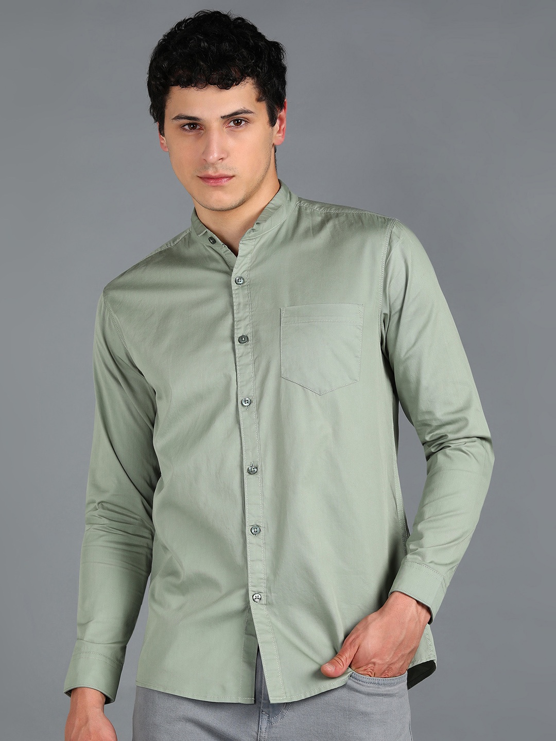 

Urbano Fashion Slim Fit Band Collar Casual Pure Cotton Shirt, Sea green