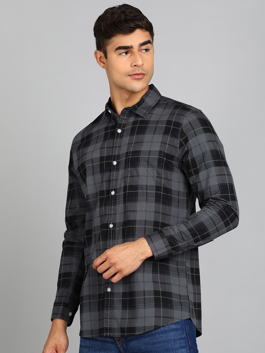 

Urbano Fashion Slim Fit Tartan Checked Casual Pure Cotton Shirt, Grey