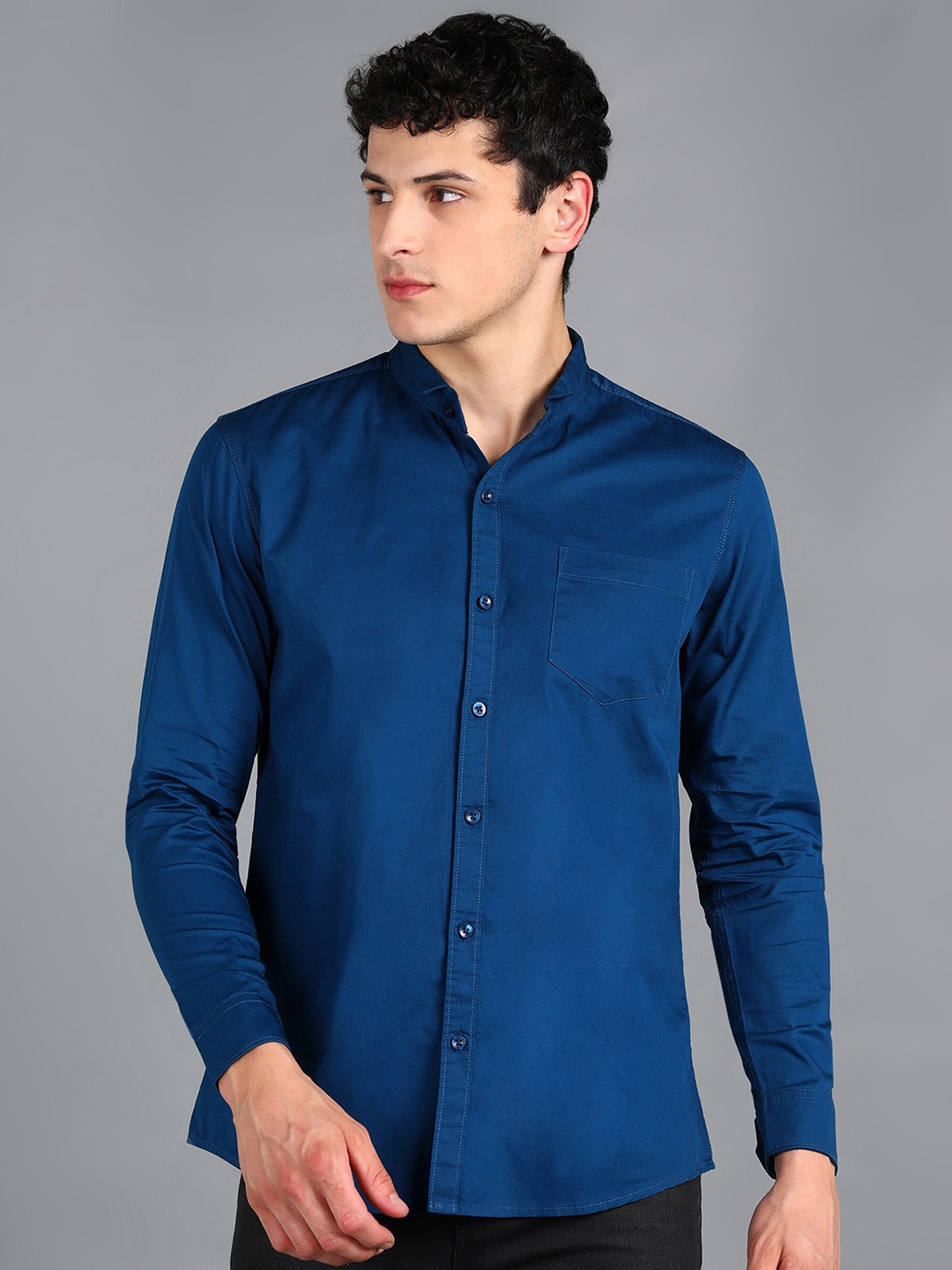 

Urbano Fashion Mandarin Collar Slim Fit Opaque Pure Cotton Casual Shirt, Blue