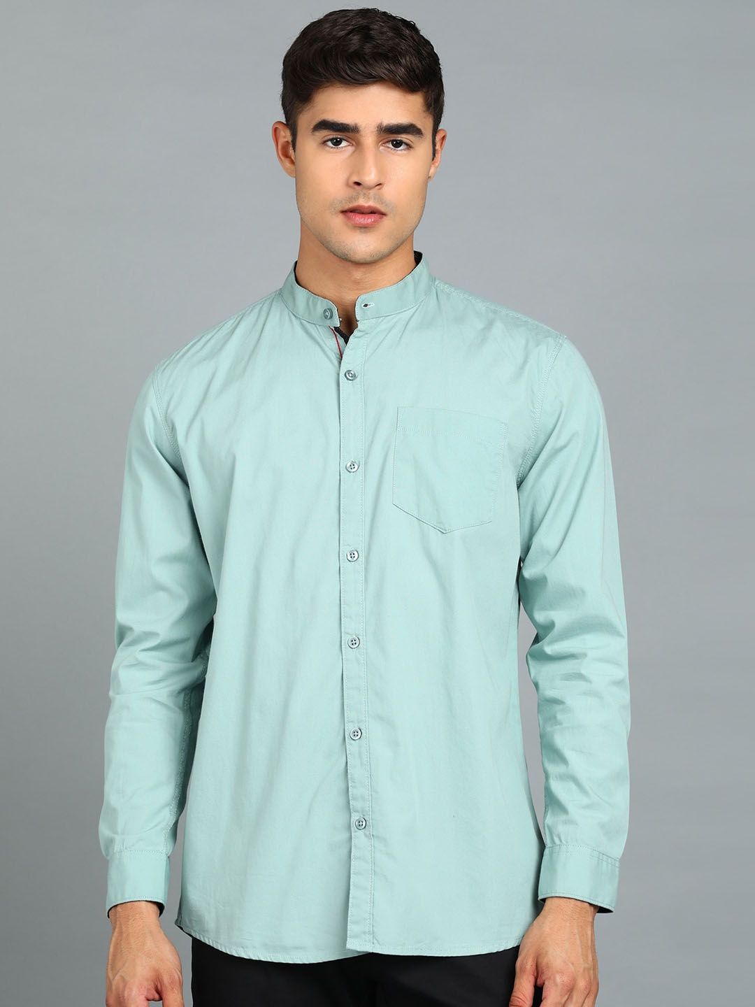 

Urbano Fashion Slim Fit Band Collar Casual Pure Cotton Shirt, Blue