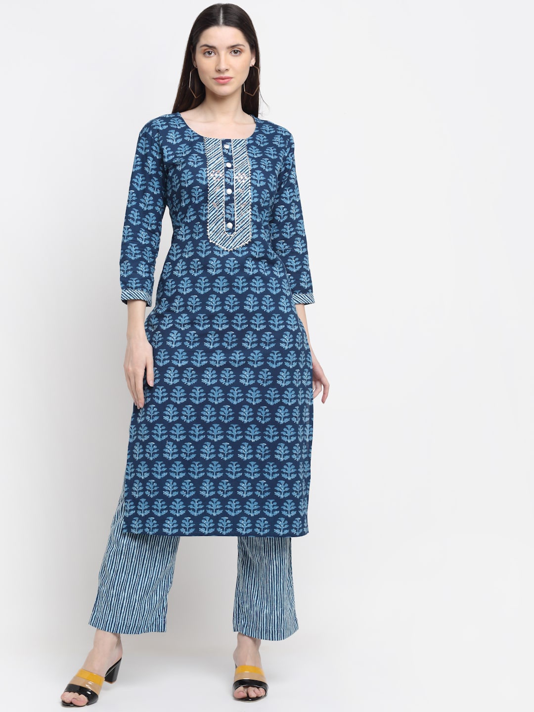 

KALINI Floral Printed Gotta Patti Pure Cotton Kurta with Trousers, Blue