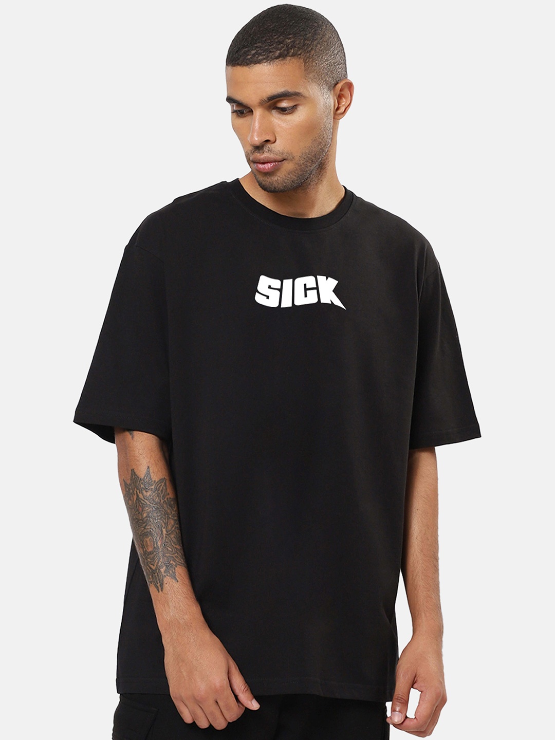 Mad Over Print Men Typography Printed Oversize Fit Cotton T-shirt, Black