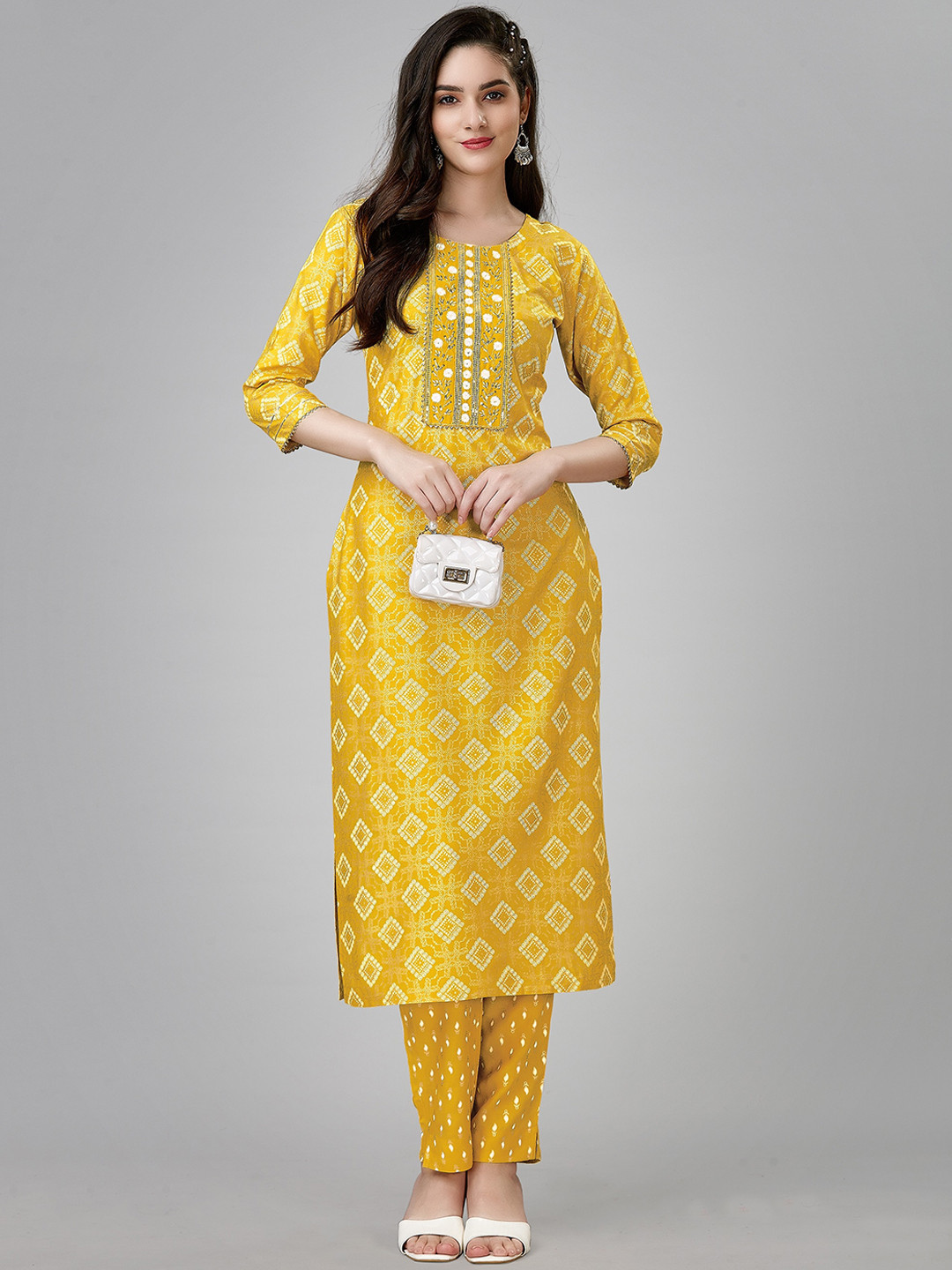 

eshami Ethnic Motifs Printed Thread Work Sequined Kurta with Trousers, Mustard