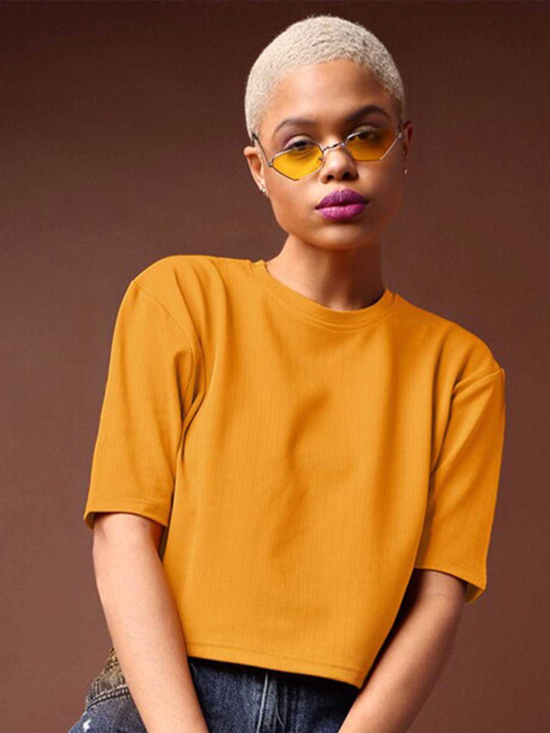 

PURVAJA Round Neck Short Sleeves Crop Top, Yellow