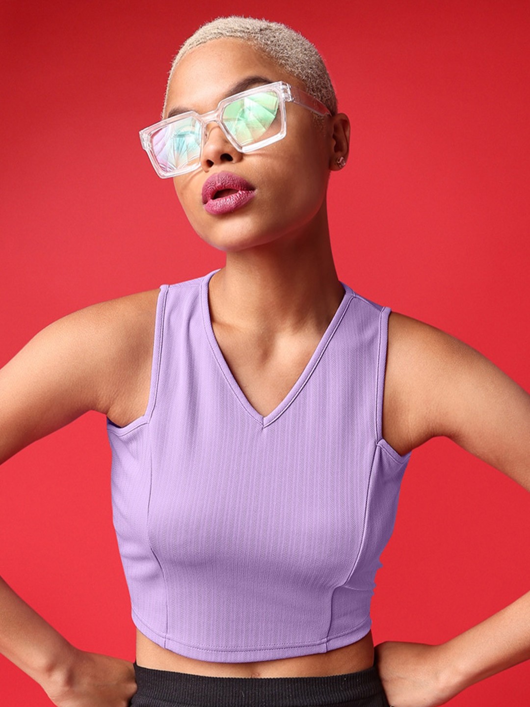 

PURVAJA V-Neck Sleeveless Fitted Crop Top, Lavender
